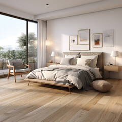 Fototapeta na wymiar Interior of modern bedroom with white walls, wooden floor, comfortable king size bed and bookcase. 3d rendering,Generative AI