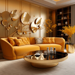 3d render interior of modern living room with gold sofa and gold wall,Generative AI