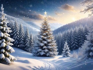 Majestuoso árbol de navidad en medio del bosque nevado 