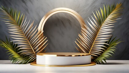 Opulent Oasis: 3D Podium Mockup with White Gold Finish