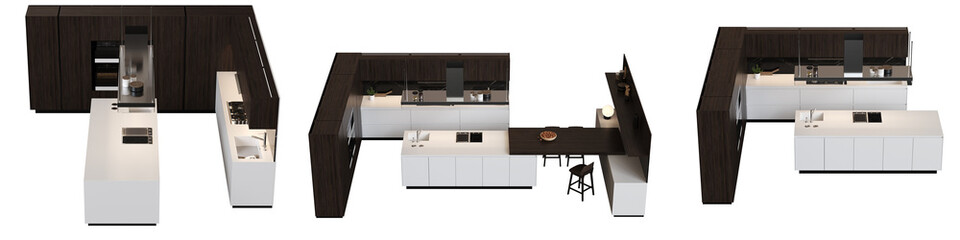 modern kitchen isolated on white background, home furniture, 3D illustration, cg render