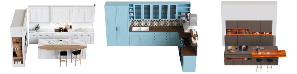 modern kitchen isolated on white background, home furniture, 3D illustration, cg render