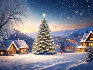 Árbol de navidad al pie de una aldea nevada - obrazy, fototapety, plakaty