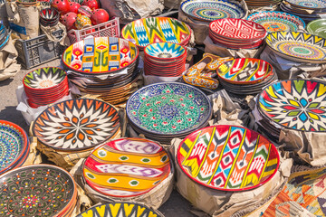 Colorful plates and pots at Chorsu bazaar, Tashkent, Uzbekistan