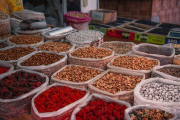 Dried food products sold at the Chorsu Bazaar in Tashkent, Uzbekistan