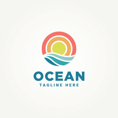 ocean wave and sun minimalist logo template vector illustration design. simple modern vacation, adventure, holiday logo concept