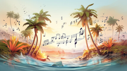 palm trees music notes background abstract summer audio concert. - obrazy, fototapety, plakaty