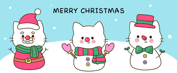 set of christmas elements cat snowman kawaii kitten happy new year card