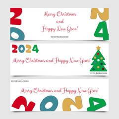 Template of a cartoon set of white banners with the inscription Merry Christmas and Happy New Year 2024. Vector collection
