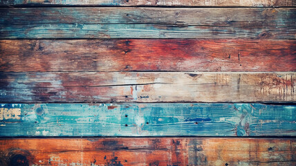 wooden boards shabby multicolored rainbow watercolor background.