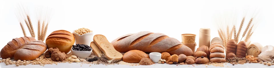 Foto auf Acrylglas Brot bread and various rolls isolated on a white background composition is a long narrow panorama of the top of the site.