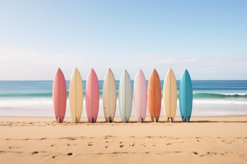 Row of pastel multicolored surfboards on the beach