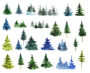 Hand drawn watercolor pine trees and shrubs bush aquarelle set. Forest aquarelle illustration silhouette. - obrazy, fototapety, plakaty