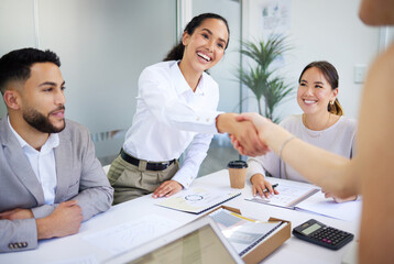 Business people, handshake and finance meeting in group for promotion, onboarding or welcome to company. Women, shaking hands or happy for congratulations, hiring or thank you with teamwork in office
