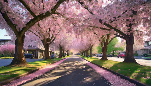 A suburban street lined with cherry blossoms in full bloom in Portland, USA, creating a stunning pink canopy during the blooming spring season.