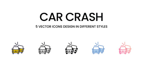 Car Crash Icon Design in Five style with Editable Stroke. Line, Solid, Flat Line, Duo Tone Color, and Color Gradient Line. Suitable for Web Page, Mobile App, UI, UX and GUI design.