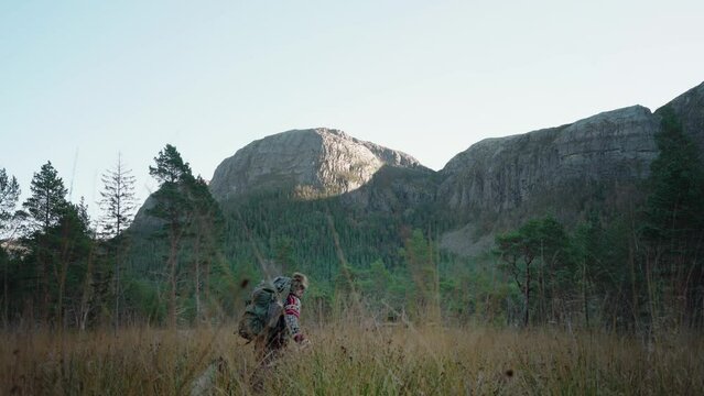 Hildremsvatnet, Trondelag, Norway - A Man Hiking With His Canine Companion - Static Shot