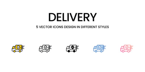 Delivery Icon Design in Five style with Editable Stroke. Line, Solid, Flat Line, Duo Tone Color, and Color Gradient Line. Suitable for Web Page, Mobile App, UI, UX and GUI design.