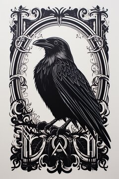 Black raven, engraving, black and white drawing
