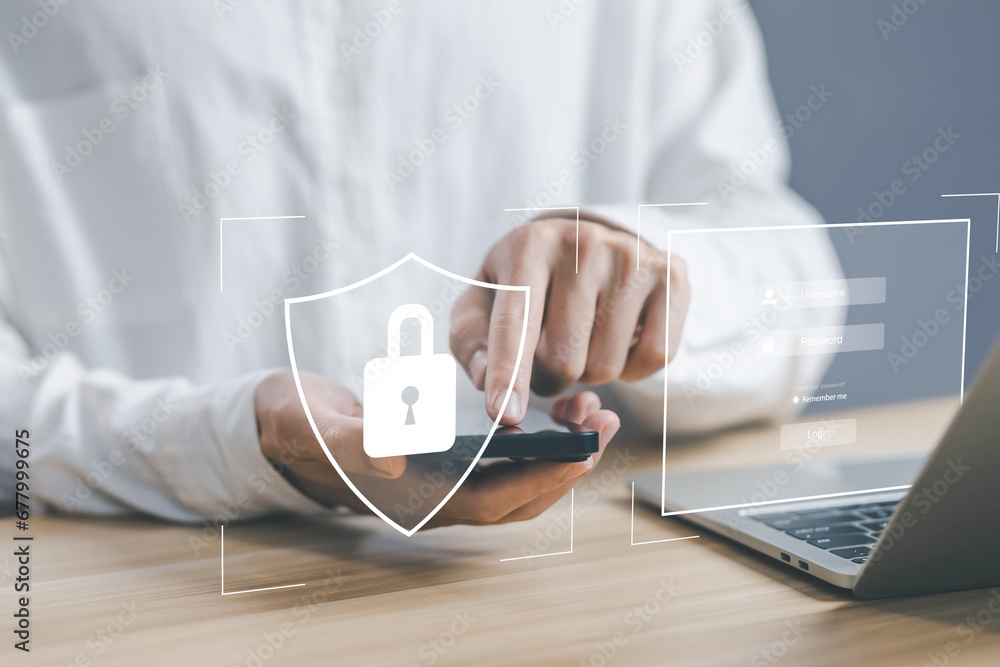 Poster information technology digital lock mark cybersecurity internet, secure data, concept protect attack
