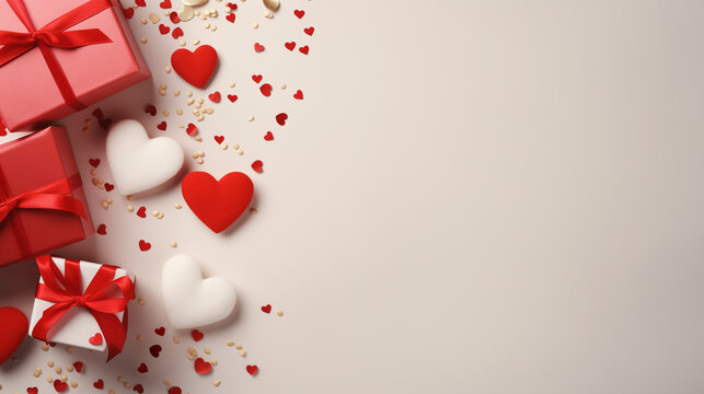 Top view of composition with Valentine's day decorations and copy space on beige background. Holiday 14 February romantic banner.