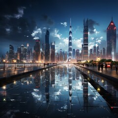 Fototapeta na wymiar Futuristic skyscrapers illuminate the city at night 