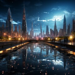 Futuristic skyscrapers illuminate the city at night 
