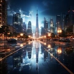Futuristic skyscrapers illuminate the city at night 