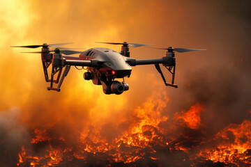 Fototapeta premium Military drone in flight observing positions. An unmanned aerial vehicle against the background of an explosion. War. Intelligence service. Modern weapons.