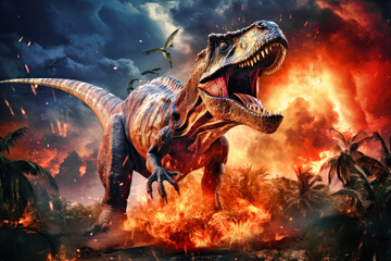 Naklejka premium Tyrannosaurus T-rex ,dinosaur on smoke and fire background. Global catastrophe. A dinosaur escapes from the flames.