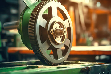 Photo of a detailed shot of a mechanical wheel on a tabletop. Modern metal processing at an industrial enterprise. Manufacturing of high-precision parts and mechanisms. - obrazy, fototapety, plakaty