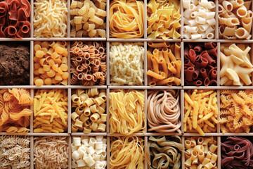A variety of pasta made from different types of legumes, green and red lentils, mung beans and chickpeas. Gluten-free pasta. Pasta made from durum wheat.
