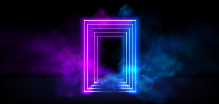 Neon glowing rectangular frame with tunnel and distance effect and smoke, Realistic vector illustration of blue and violet gradient light futuristic door or magic portal with steam. Luminous border.