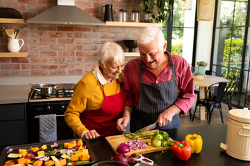 Happy caucasian senior couple preparing food, chopping vegetables in sunny kitchen