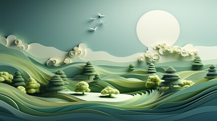 greeting card, green abstract landscape in the style of paper sculpture. - obrazy, fototapety, plakaty