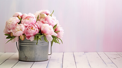 pink peonies in an iron bucket background with a copy space.