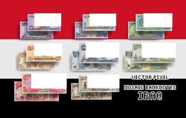 Vector set of pixel mosaic banknotes of Iraq. Collection of bills in denominations of 50, 250, 500, 1000, 5000, 10000, 25000 and 50000 Iraqi dinars. Play money or flyers. - obrazy, fototapety, plakaty