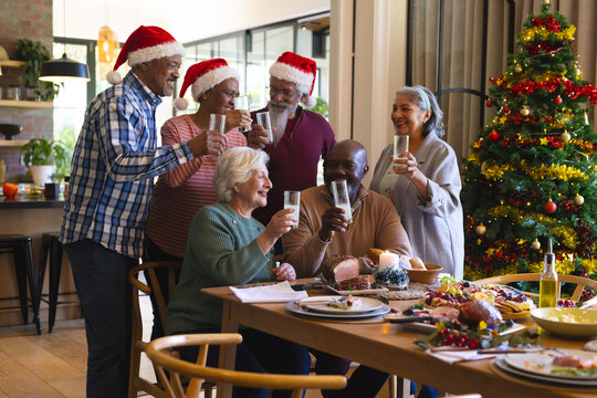 Happy diverse group of senior friends in santa hats celebrating christmas meal and toasting at home - Powered by Adobe