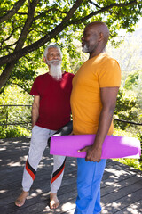 Obraz premium Two happy diverse male senior friends with mats talking before yoga class in sunny garden