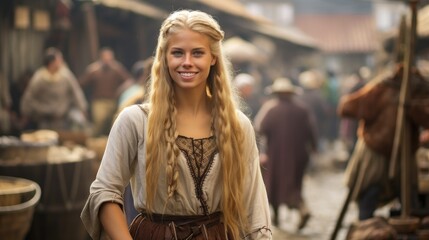 Fototapeta premium portrait of a blonde viking girl in traditional clothes on a medieval market