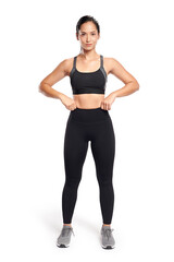 an asian woman is  working out  wearing the sport exercise suit with white background,