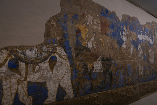 A 7-8 century fresco from Central Asia depicting journey of nobility on camels.