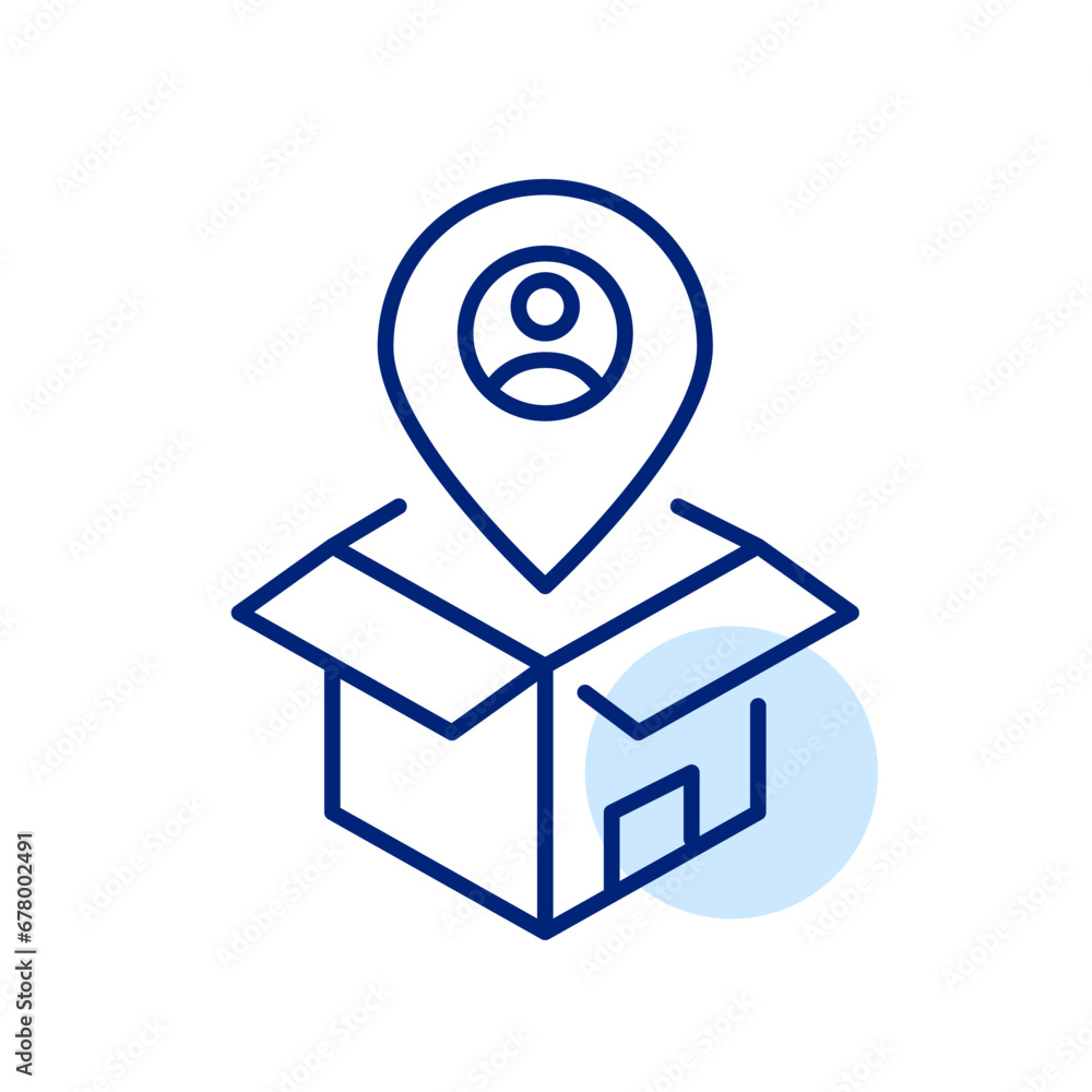 Poster door to door delivery. choosing address for store goods shipment. 3d box and map pointer with user s