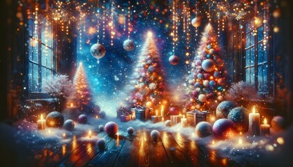 Christmas atmosphere background, abstract style, winter scene with snow-covered trees, holiday lights, serene, colorful, festive mood