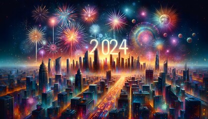 New Year 2024 celebration background, abstract art, cityscape with fireworks, vibrant colors, festive mood, modern style