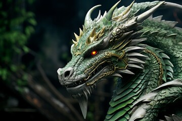 Close-up portrait of a green dragon's head, sharp teeth, muzzle with scales and spikes. Illustration for a computer game