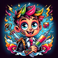 a new school tattoo design with a cartoonish character and vibrant colors