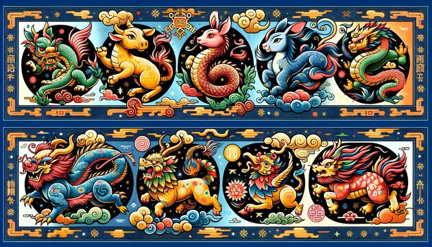 Create a series of images in the style of traditional Asian art, featuring the 12 animals of the Chinese zodiac_ Rat, Ox, Tiger, Rabbit, Dragon, Snake