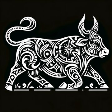 a tribal tattoo design of a cow with intricate patterns and symbols