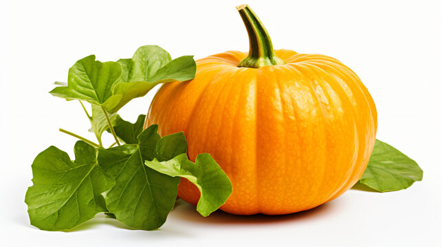 Pumpkin with fresh green leaves